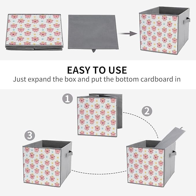 Fabric Storage Bins with Handles Crown Cute Pink Pig Foldable Collapsible Cube Organizer for Shelves Multi-Purpose Box for Bedroom Living Room Closet