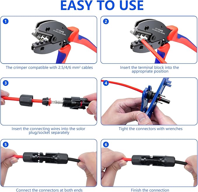 Solar Panel Connector 60PCS Solar Crimper Tool Kit for Connecting Solar Panel Cable Wire Solar Connector Kit with 30 Pairs Male/Female Solar Connectors 1PCS Solar Crimper 2 PCS Spanner Wrench