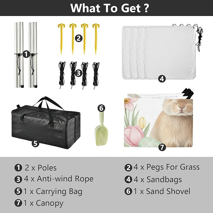 Beach Canopy with Windproof Ropes &amp Sandbags Beach Tent Sun Shade Sun Shelter for Camping Trips Fishing Backyard Fun or Picnics Easter Rabbit