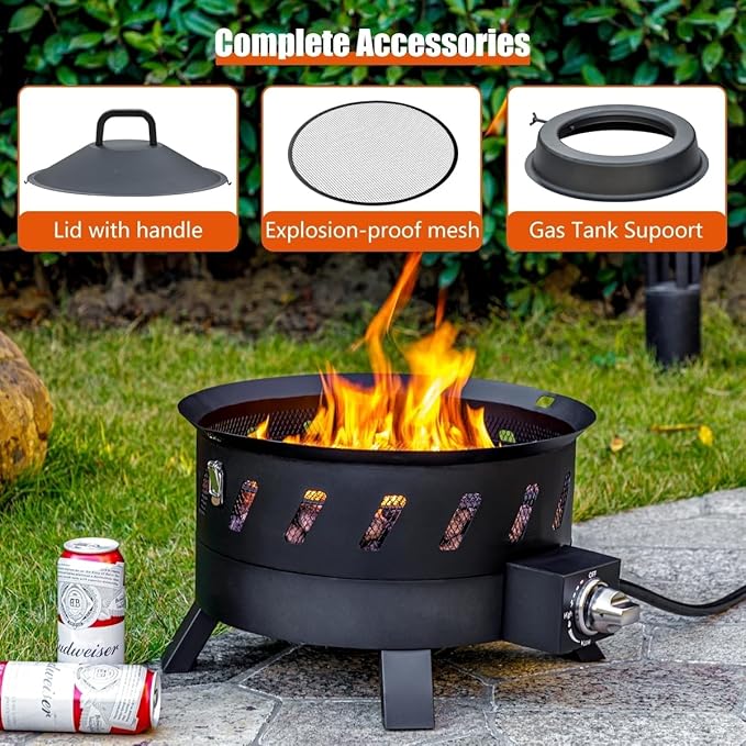 EcoNook 17.3 inch Portable Propane Fire Pits Gas Fire Pit Bowl for Outside with Lid &amp Handle Smokeless Gas FirebowlPropane Firepit for Camping Patio Yard Garden