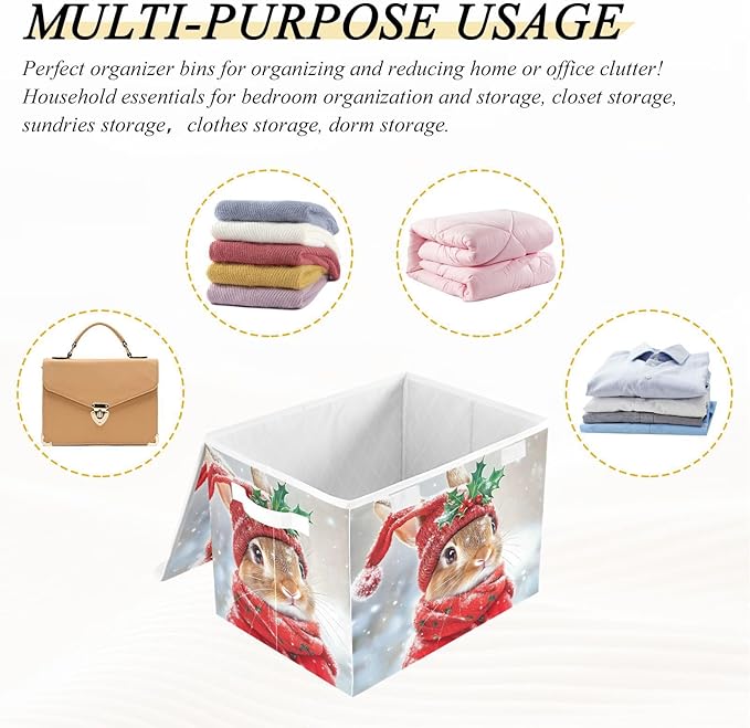 AIXIWAWA Lidded Storage Cube (Bunny Christmas) Fabric Foldable Closet Bins with Flip Lid and Handles Organizer Basket Container 16.5 x 12.6 x 11.8 IN
