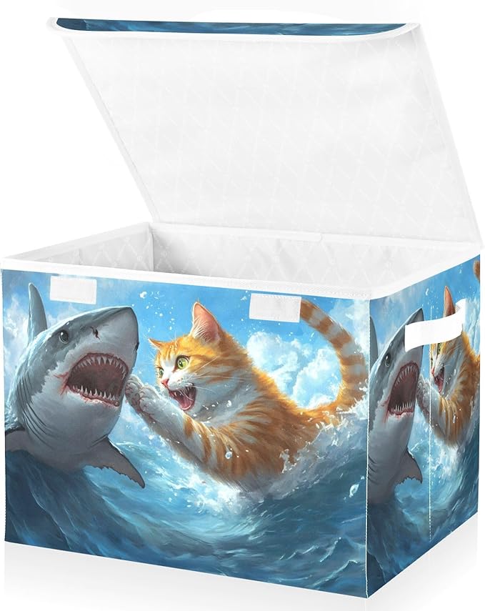 Storage Cube with Lid Cat and Fish Print 16.5×12.6×11.8 IN Collapsible Large Capacity Foldable Storage Basket Bin Organizer