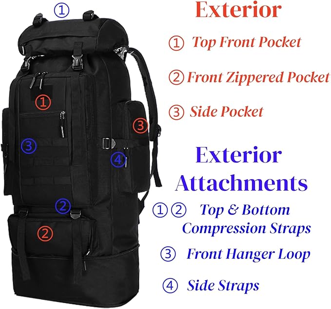 Goaste 100L Camping Hiking Backpack Molle Military Tactical Rucksack Waterproof Large Travel Daypack Adjustable Survival Hunting Sports Bag for Men and Women Hiking Camping Touring(Black)