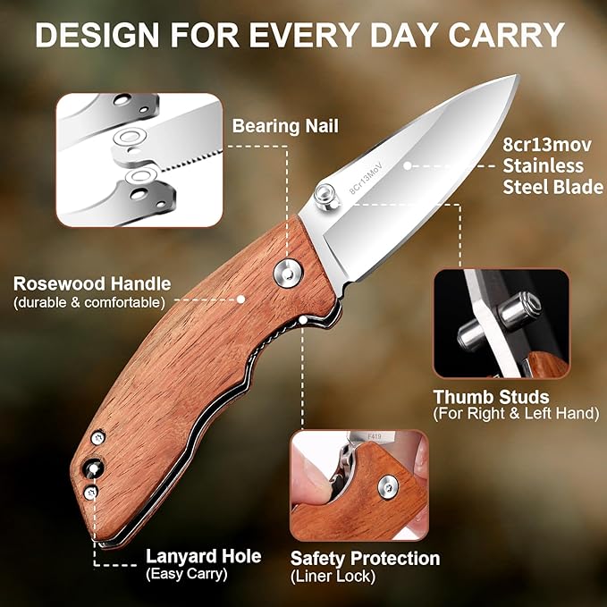 Vickay Pocket Knife Folding Knife 2.75 8Cr13MoV Steel Blade Wood Handle EDC Knife for Men &amp Women Outdoor Camping Tactical Hunting Hiking Survival - Father’s Day Gift