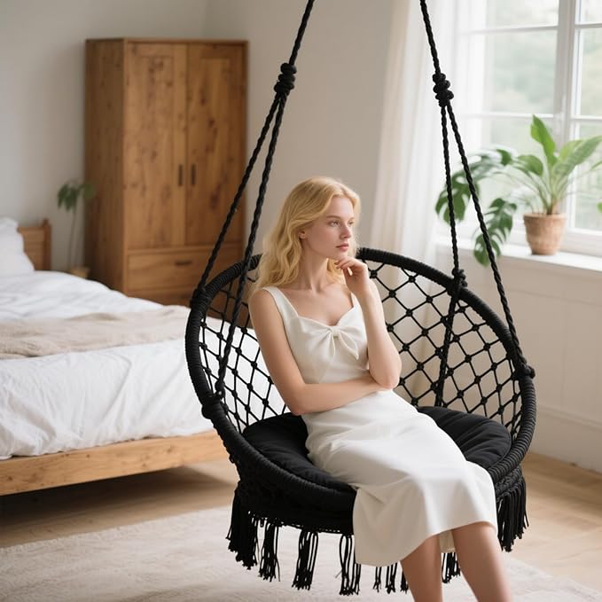 Vohala Macrame Hanging Chair Hammock Chair with Large Comfy Cushion Boho Swing Chair for Bedroom Patio Balcony Garden Holds up to 264 lb Accessories Included Cream White