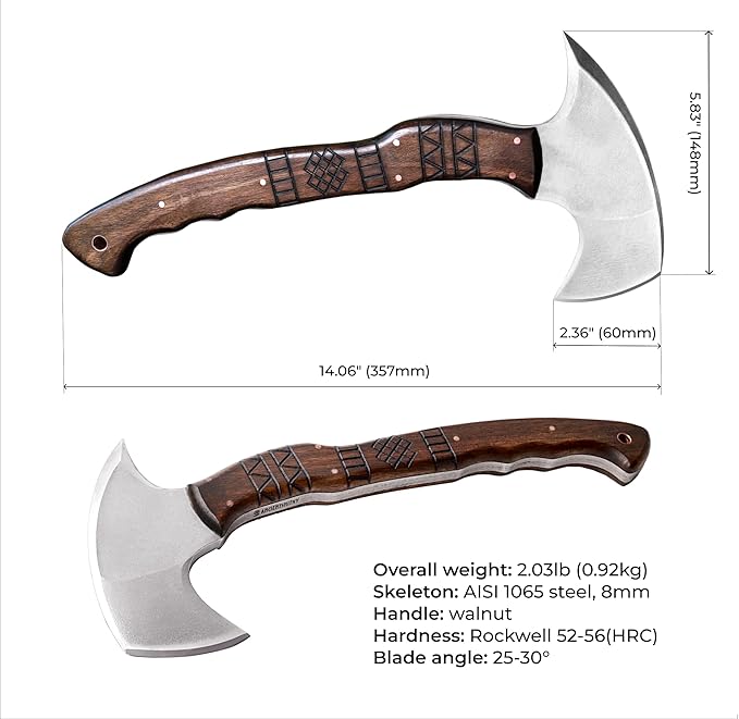 AncientSmithy Tactical Tomahawk Full Tang Camping Axe Outdoor Hatchet for Chopping with Tribal Engraving (14'' Blade with Spike and Sheath)