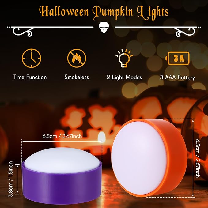 Riakrum 6 Pieces Remote Timer LED Lights with Remote LED Pumpkin Lights Battery Operated Lantern Bright Flameless Candle(Orange Purple)