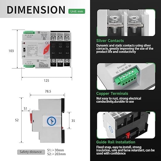 100Amp AC110V Automatic/Manual Transfer Switch 3P 50/60Hz 3POLE 100A Mini ATS Solar Auto Dual Power Switch W2R for Home Generator Din Rail Mount Cn Automatic Changeover Fast Transfe forRvLv Power