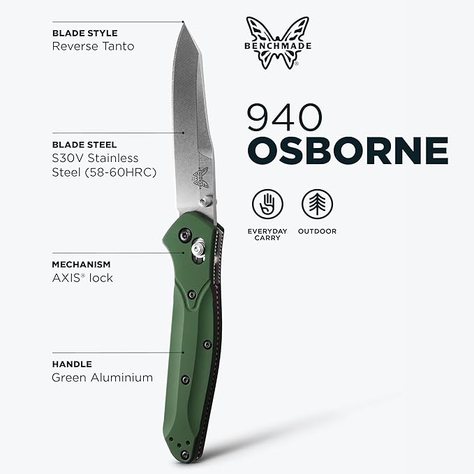Benchmade - Osborne Every Day Outdoor Folding Knife Reverse Tanto Blade with Green 6061-T6 Aluminum Handle (940)