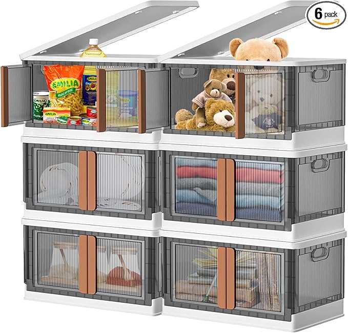 AJP Distributors 6 Pack of 8.5 GAL Stackable Storage Bins with Lids Plastic Collapsible Totes Folding Box Storage Containers Stacking Wardrobe Closet Organizer For Home Office Clothing Books
