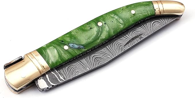 Damascus steel blade Laguiole style Folding knife by Damascus depot 8.5 Long with 4 hand forged custom twist pattern Blade. unshrinkable Resin scale exotic color with brass bolster and Pommel. Cow