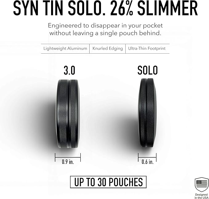 Solo | Slim Metal Container for Zyn Premium Aluminum Can &amp Rugged Pouch Holder | Extra Capacity Knurled Grip &amp Slim Container | EDC (Black)