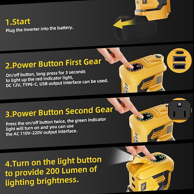 Portable Power Inverter 300WDC 20V to Ac110V-120V Powered Outlet 2 USB Ports 1 Type-C 1 Ac Outlet and Led LightCar Outdoor Camping Dedicated(No Battery-Yellow)