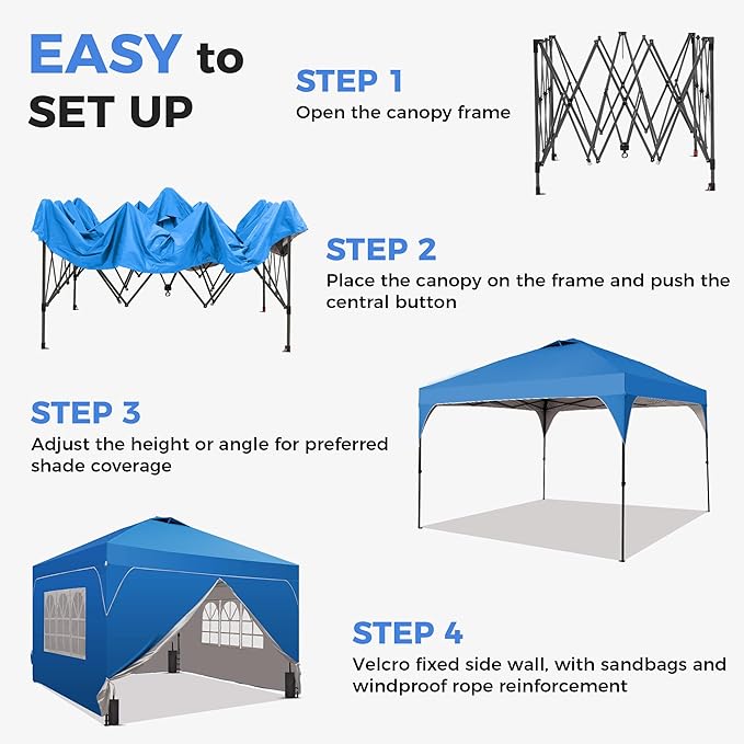GDY 10x10 Patio Pop Up Canopy Tent with 4 Sidewalls Easy Set up with One Push Lift Outdoor Silver Coated Beach Gazebos Carpas with 4 Sandbags for Parks PartiesCamping Blue.