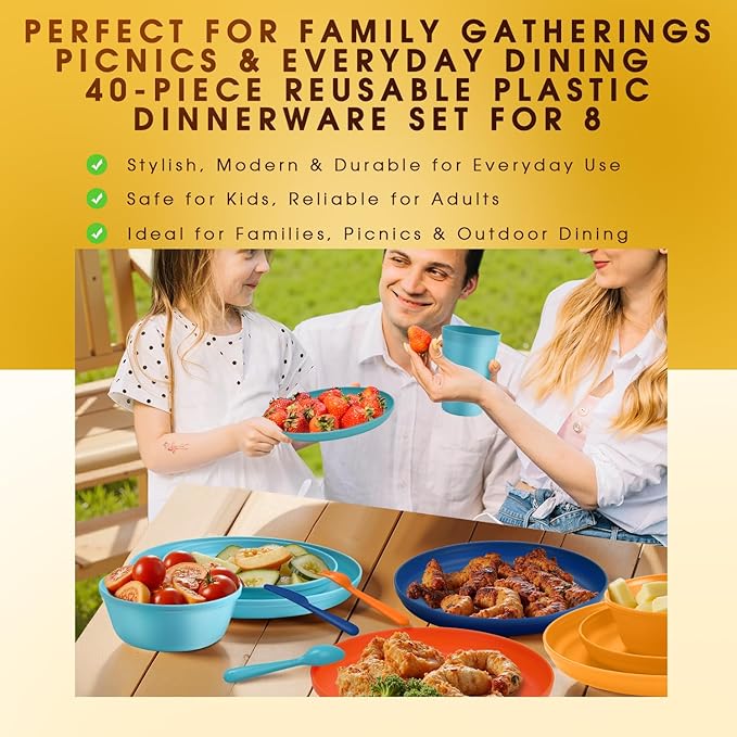 40 Piece Plastic Dinnerware Set for 8 with Cutlery Unbreakable Plates and Bowls Set Dishwasher &amp Microwave Safe Reusable Dish Set for Camping RV Outdoor Kitchen Apartment DiningTropic Multic