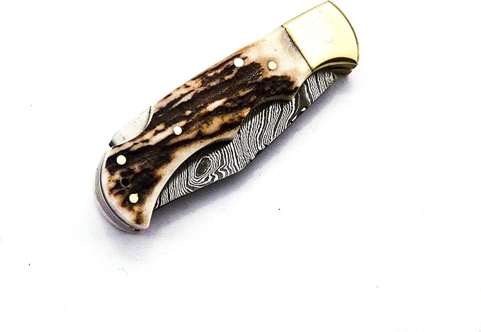 Skokie Knives Custom Hand Made Damascus Steel Hunting Pocket Folding Knife with Handle Stag Antler (S.F)