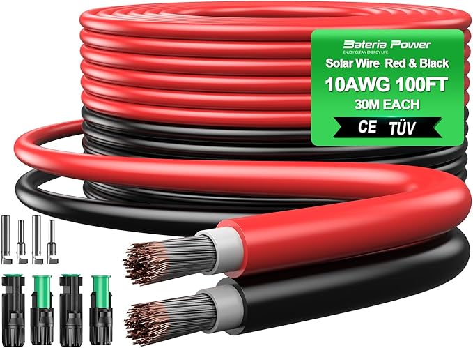 10AWG(6mm²) 100FT Solar Panel Extension Wire with Four Pairs Waterproof Male &amp Female Connectors with Solar Connector Caps Solar Extension Cable for RV Home Boat Car