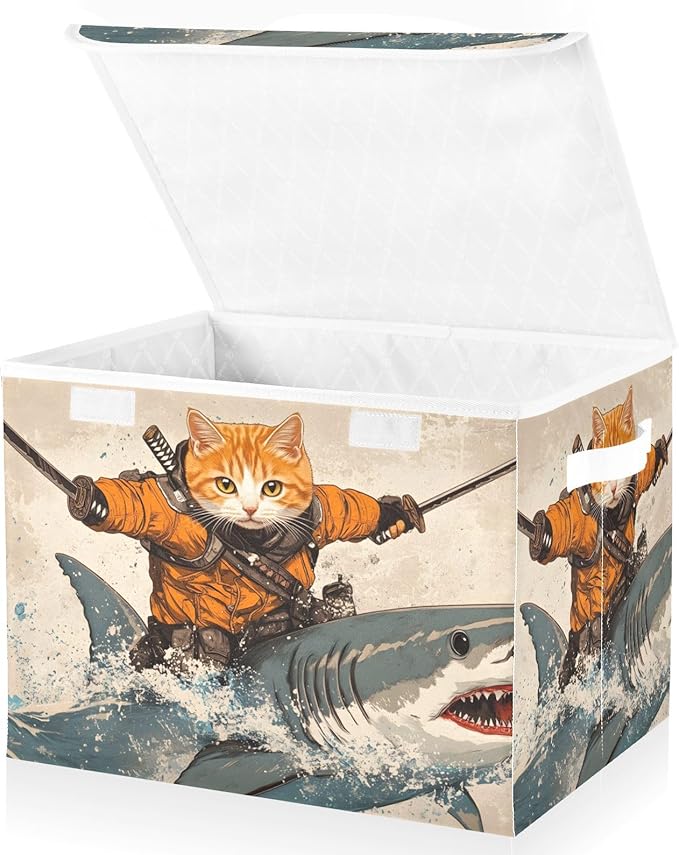 AIXIWAWA Lidded Storage Cube (Cat Samurai) Fabric Foldable Closet Bins with Flip Lid and Handles Organizer Basket Container 16.5 x 12.6 x 11.8 IN