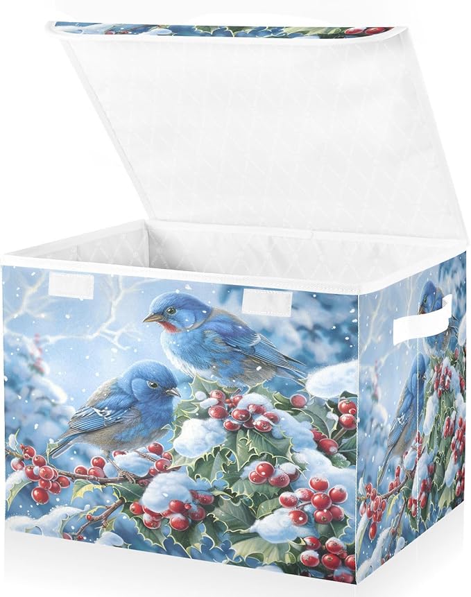 senya Winter Baskets Collapsible Storage Bins with Lids Blue Bird Evergreen Branch Storage Boxes Clothes Baskets for Organizing