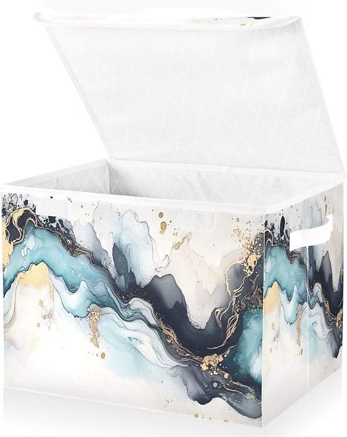 Storage Cube with Lid Teal Gold Marble Print 16.5×12.6×11.8 IN 1 Pack Collapsible Large Capacity Foldable Storage Basket Bin Organizer