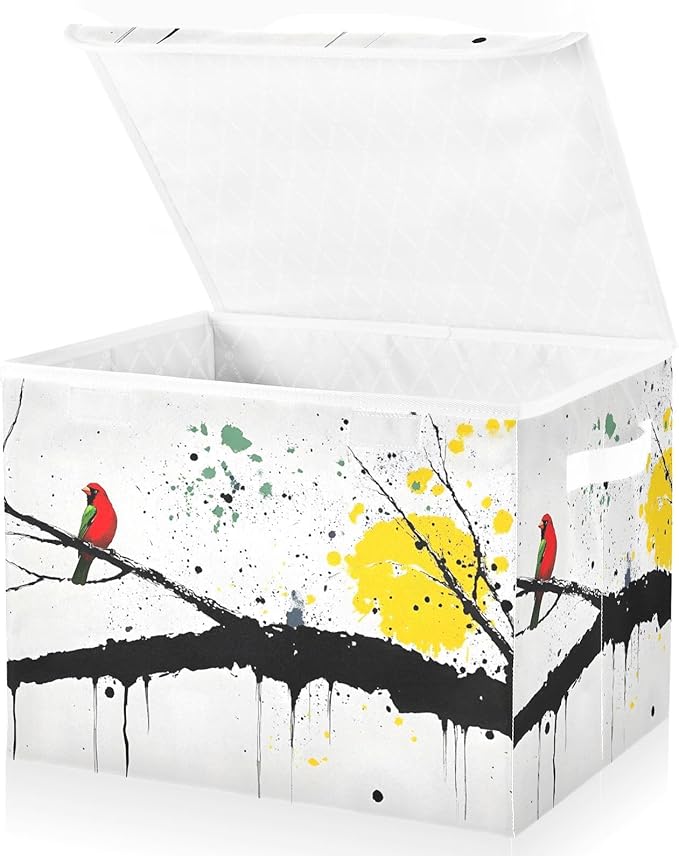 Art Drawing Bird Storage Cube Bins Basket with Lid Collapsible Flip-top Fabric with Handle for Home Bedroom Closet Office 16.5×12.6×11.8 in