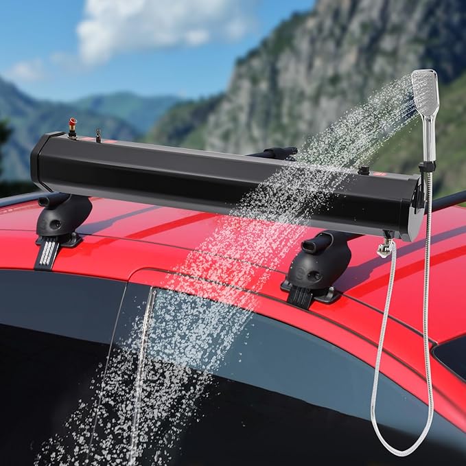 7.93 Gal Portable Water Tank 8.6 * 7 * 45in High Pressure Road Shower Tank Roof Rack Mount Road Shower Outdoor Activities Water Supply with Shower Head for Platform Luggage Rack Roof Tent
