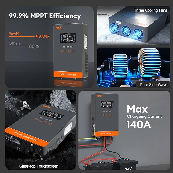 PowMr 4000W Hybrid Solar Inverter 24V to 120V Pure Sine Wave with Built-in 140A MPPT Controller Glass Top LCD Display Supports Battery-Less Run &amp AGM/Lithium Battery for Home Off-Grid Backup Po