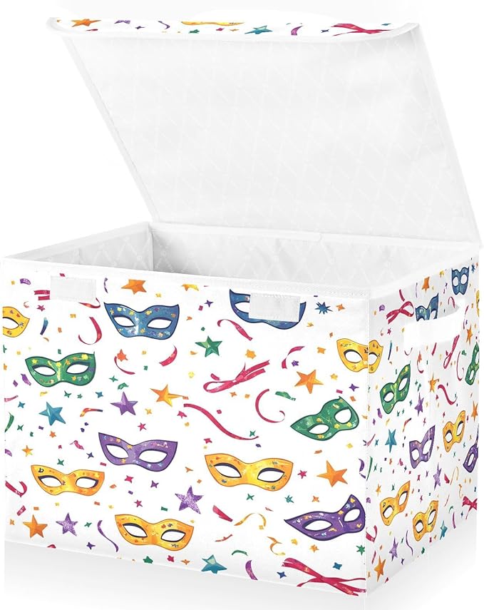 Doodle Mardi Gras Mask Pattern Foldable Storage Baskets Fabric Boxes with Handle Organizers with Flip-Top Lids Storage Bins for Home Bedroom Office
