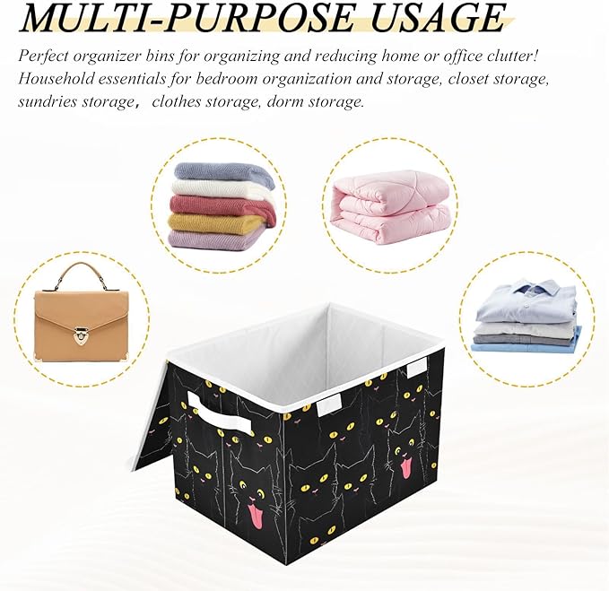 Storage Cube with Lid Cats Black Print 16.5×12.6×11.8 IN Collapsible Large Capacity Foldable Storage Basket Bin Organizer