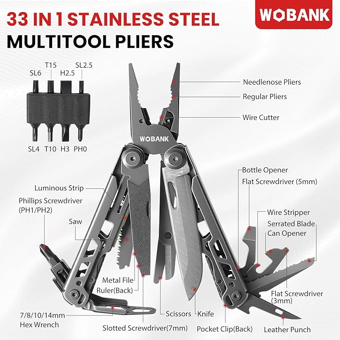 Multitool 33-in-1 Stainless Steel Multi Tool Pliers with Screwdriver Sleeve Damascus Pocket Knife Nylon Sheath for Outdoor Survival Camping Hiking Simple Repair