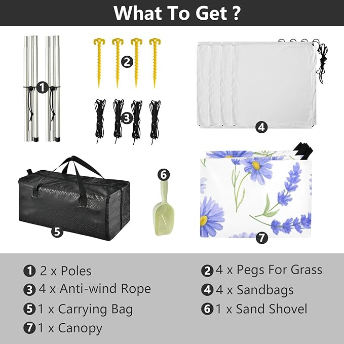 Beach Canopy with Windproof Ropes &amp Sandbags Beach Tent Sun Shade Sun Shelter for Camping Trips Fishing Backyard Fun or Picnics Daisies
