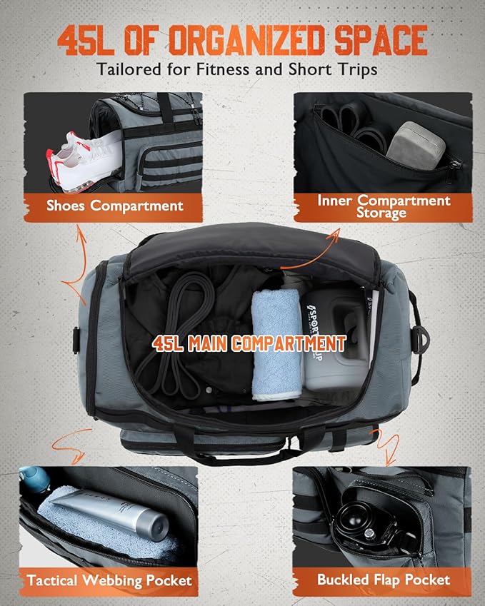 Gonex 45L Duffel Bag for Men 3 in 1 Convertible Carry Gym Duffle with Shoe Compartment Tactical Gear Loops Water-Repellent Lining Workout &amp Travel Bag (Gray)