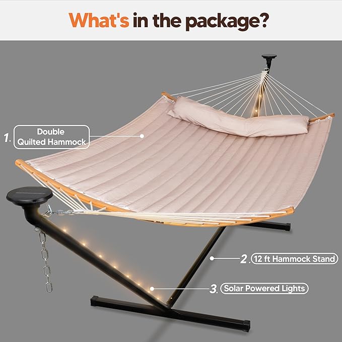SUNCREAT Hammocks Outdoor 2 Person Hammock with Solar Powered Lights Double Hammock with 12 ft Stand Included Tan