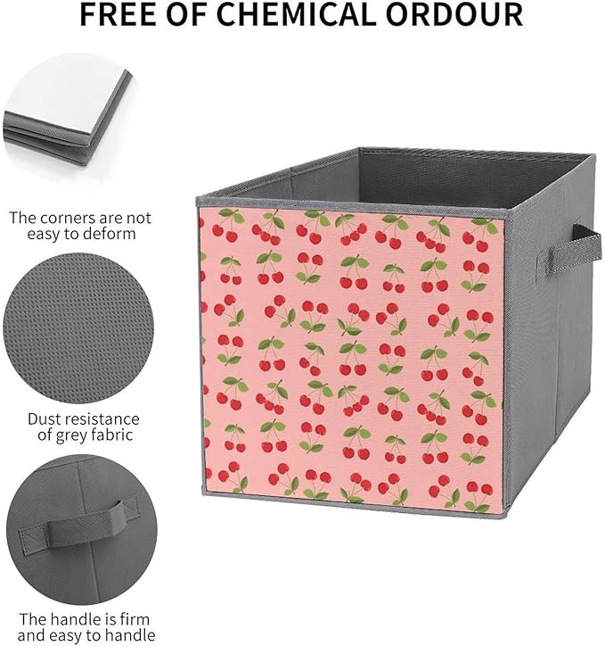 Fabric Cube Storage Bins with Handles Pink Cherry Fruit Theme Cherries Foldable Collapsible Organizer for Shelving Units Decorative Box for Living Room &amp Bedroom Decor