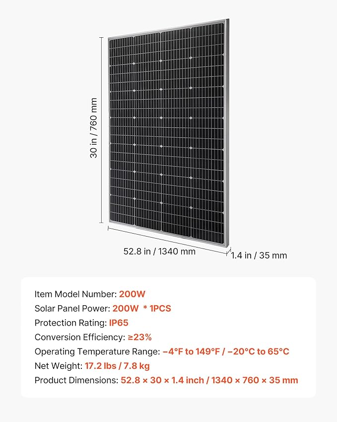 VEVOR 200W Monocrystalline Solar Panel 23% High-Efficiency Mono PV Module with Stable MC4 Output &amp Aluminum Frame IP65 Waterproof Solar Panel for Car Boat RV Flat Rooftop Off-Grid Applications