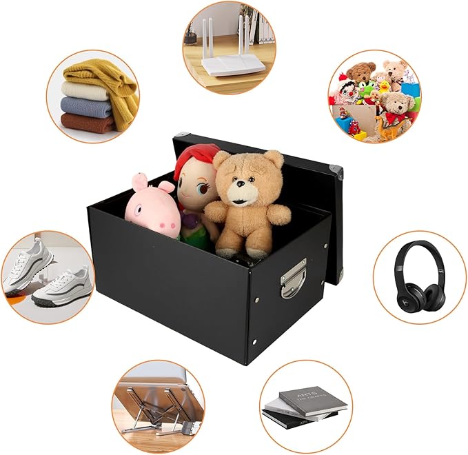 CertBuy 2 Pack Storage Box With Lid Folding Storage Box Black Decorative Cardboard Storage Boxes With Stainless Steel Carry Handle for ome Bedroom Closet Office