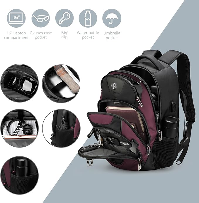 Swissdigital Design Laptop Backpack with USB Charging Port Travel Backpack Fits 15.6 inches Computer 31L College School Backpack for Women Angola red/Black | SD803-44