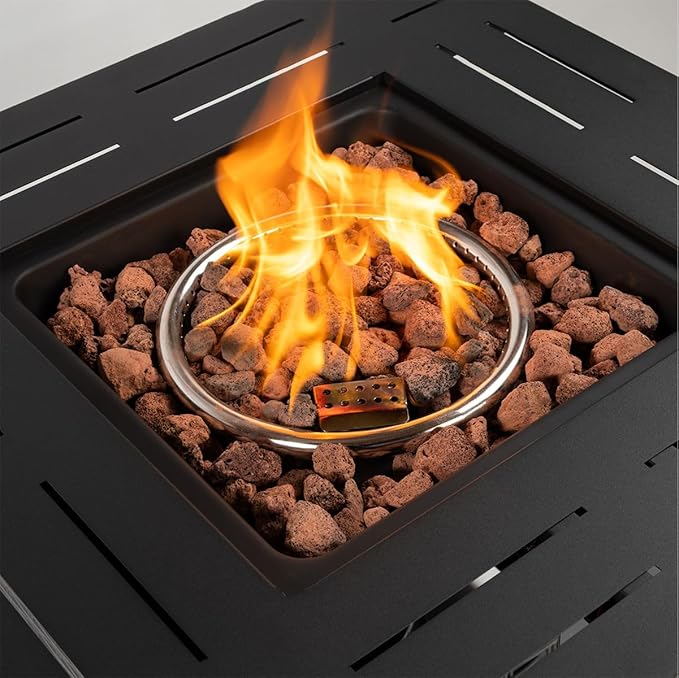 28'' Propane Fire Pit Table 50000 BTU Fire Table with Steel Lid Big Legs Laval Rocks.