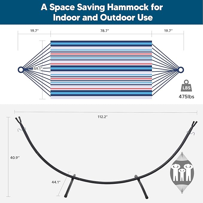 SUNCREAT Hammocks for Outside with Stand Porch Hammock and Stand 475 lbs Capacity Blue &amp Red Stripes
