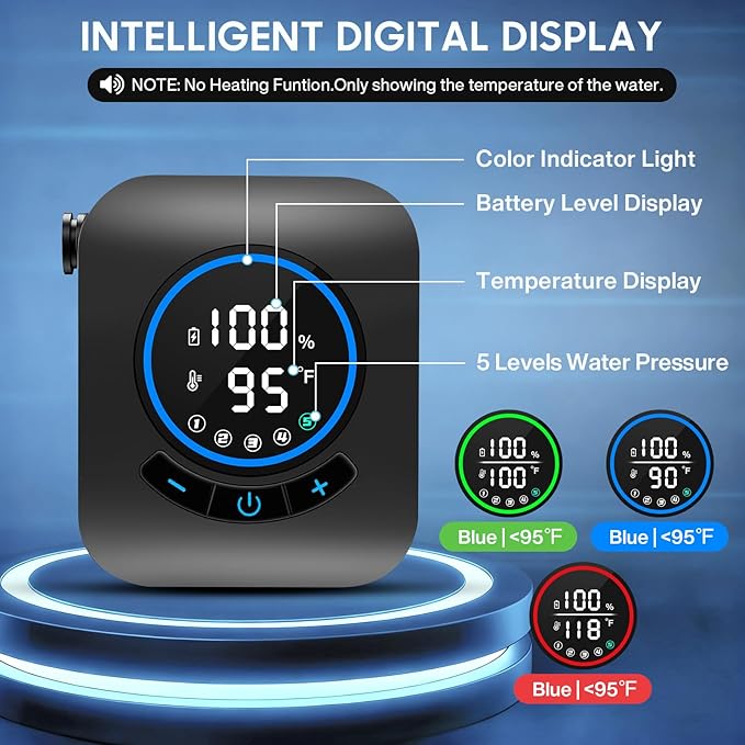 Portable Shower for Camping 8000mAh Rechargeable Camping Shower with 5 Adjustable Speeds 4 Spray Modes LED Display Kit for Hiking Travel Car Pet