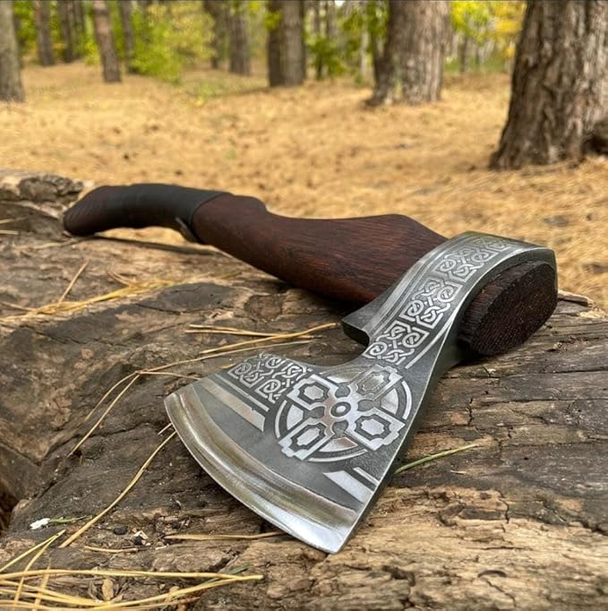 2pcs Viking Hammer &amp Viking Axe Set Crafted from Hand Forged Corban Steel Viking Axe with Sheath Hand Forged Hammer and Viking Bearded Axe with Rosewood Handle Camping Set