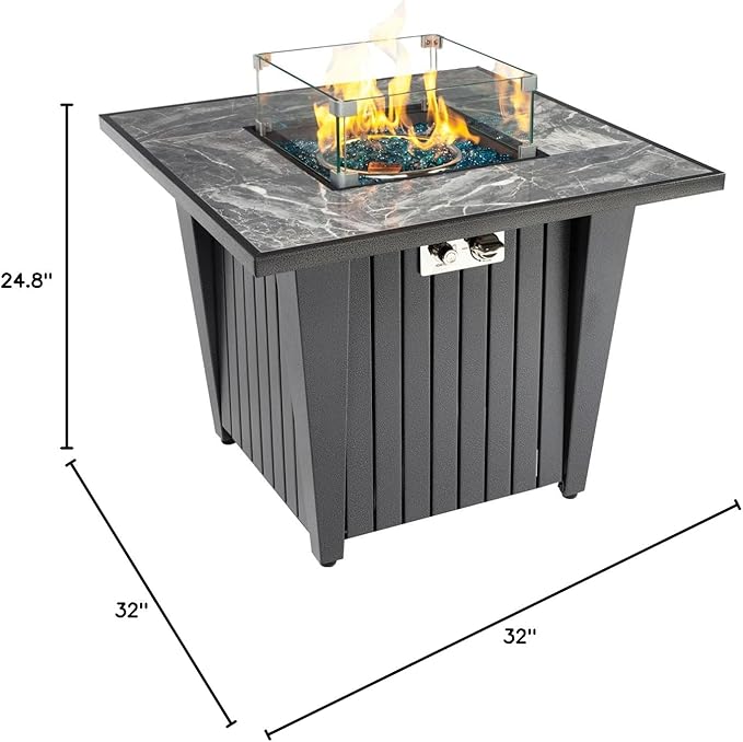32'' Propane Fire Pit Table Marble Tile Ceramic Tabletop with Glass Wind Guard 50000 BTU Fire Table with Inclined Leg and Art Powder Design Blue Glass Rocks Including Lid&ampCover Grey
