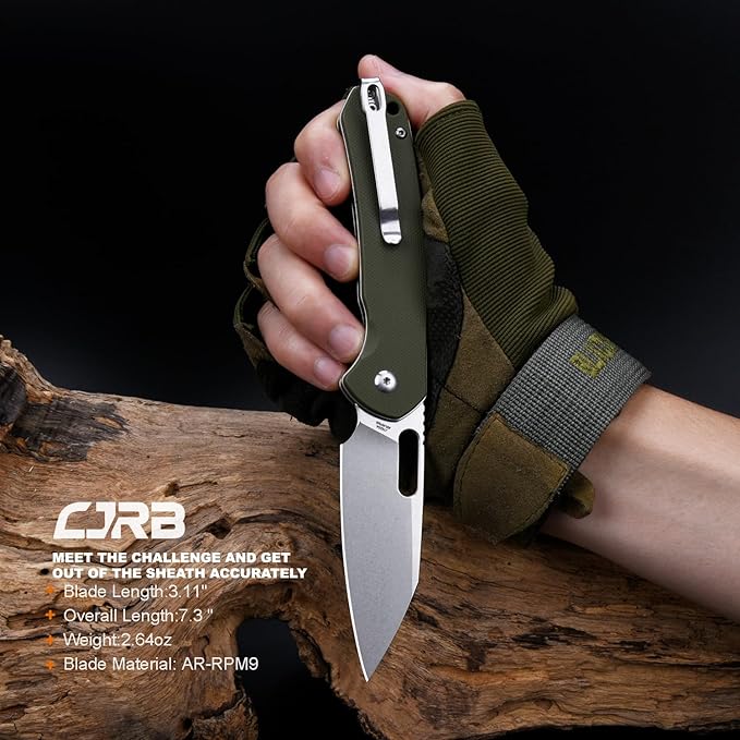 CJRB Pyrite-Alt (J1925A) Folding Pocket Knife 3.11 Stonewash AR-RPM9 Steel Blade Green G10 Handle Manual Thumb Hole Open Button Lock EDC Knife for Outdoor Hiking