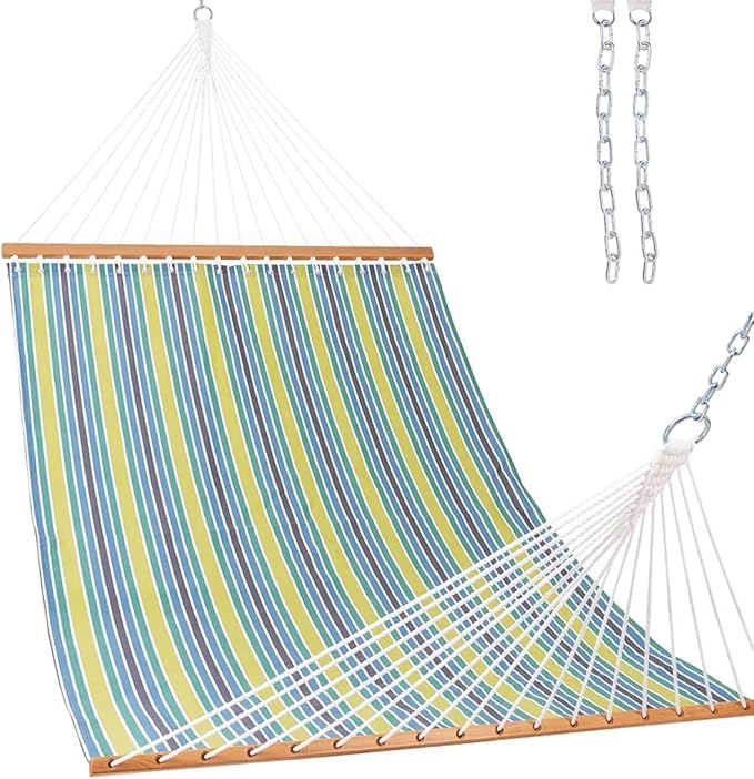 Lazy Daze Hammocks Quick Dry Hammock with Spreader Bar Textliene Fabric Double 2 Person Hammock with Chains Outdoor Patio Poolside Backyard Beach 450 lbs Capacity Blue Green Stripes