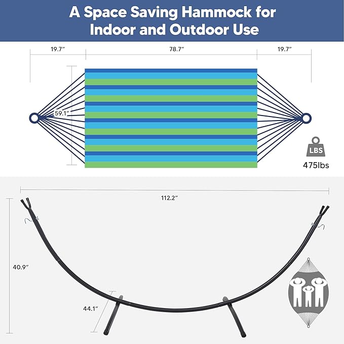 SUNCREAT Portable Outdoor Hammock with Stand Included Double Hammock with Stand for Outside Blue &amp Green Stripes