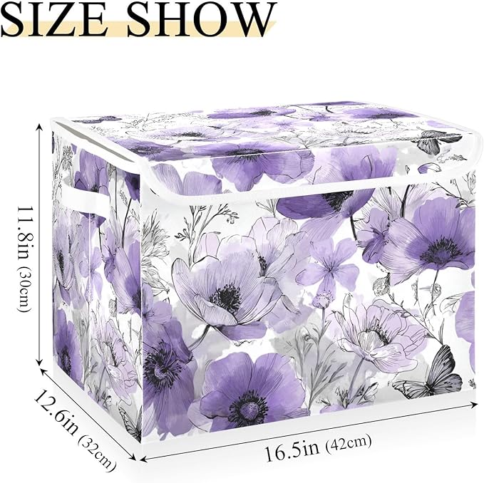 Elegant Purple Flowers Butterflies Storage Box with Lid 1 PC Foldable Storage Bin with Lids Stackable Storage Bins Cube Closet Organizer Basket with Flip-Top Lid &amp Handles for Shoes Books Towels