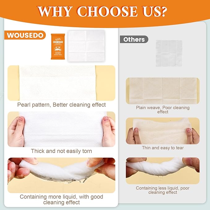 300 Pcs Ultra Thick Soft Large Body Wipes Individually Wrapped(7.87 x 9.45)Shower Wipes for Adults Bathing No RinsePersonal Cleansing Wipes for Travel GymBulk Deodorant for Homeless(Orange)