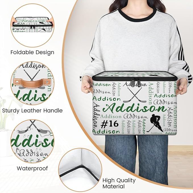 Custom Hockey Storage Bins with Lid Personalized Foldable Storage Basket Boxes with Handle Sport Shelf Basket Closet Organizer Cube