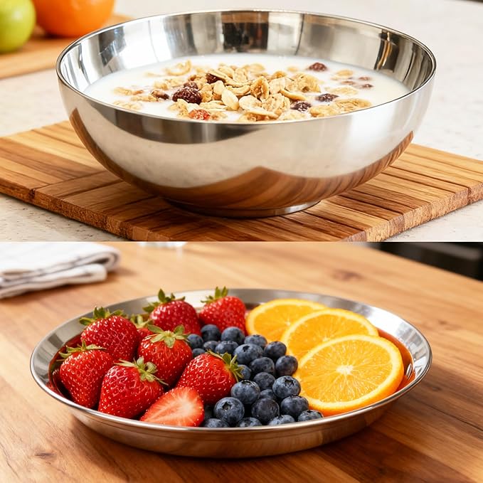 4-Piece Stainless Steel Pasta Plates and Bowls Set 8.6 inch 47oz Large Double Walled 18/8 Metal Soup Salad Bowls &amp 18/10 Steel Plates Dinner Dishes Unbreakable for RamenPhoCerealDishwasher Sa