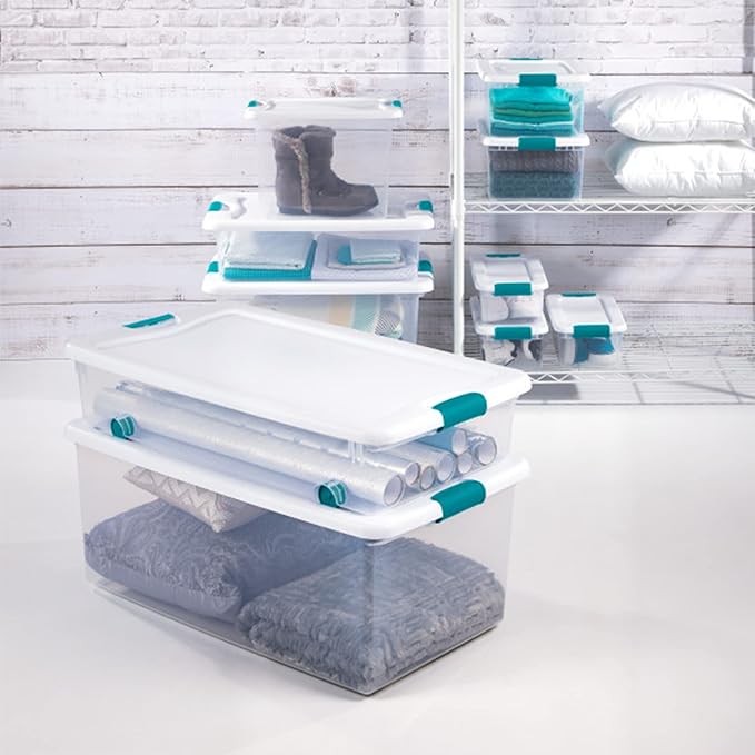 Sterilite Storage System Solution with 32 Quart Clear Stackable Storage Box Organization Containers with White Latching Lid 7 Pack